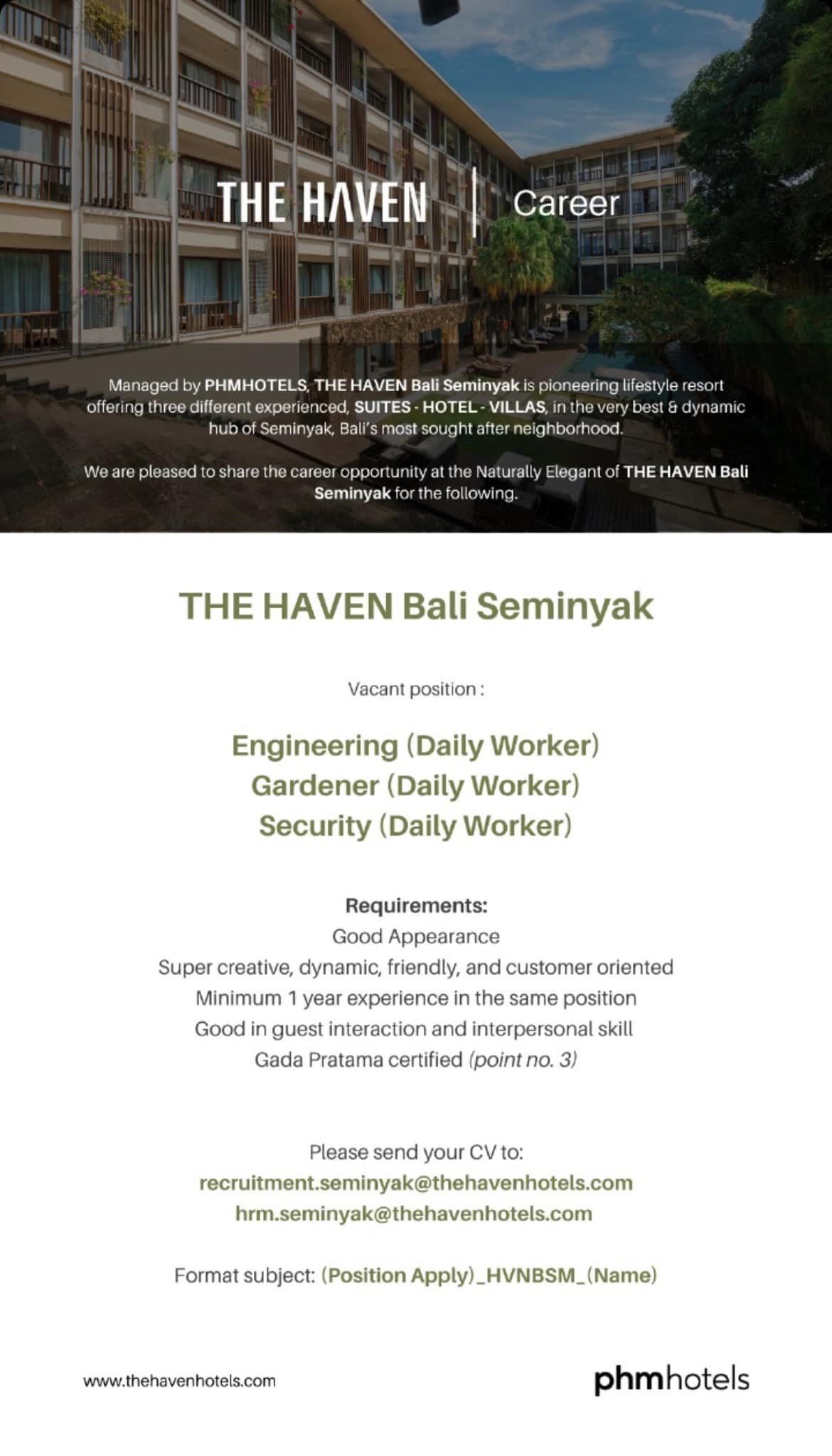 Lowongan Daily Worker Engineering Gardener Security Di The Haven Bali