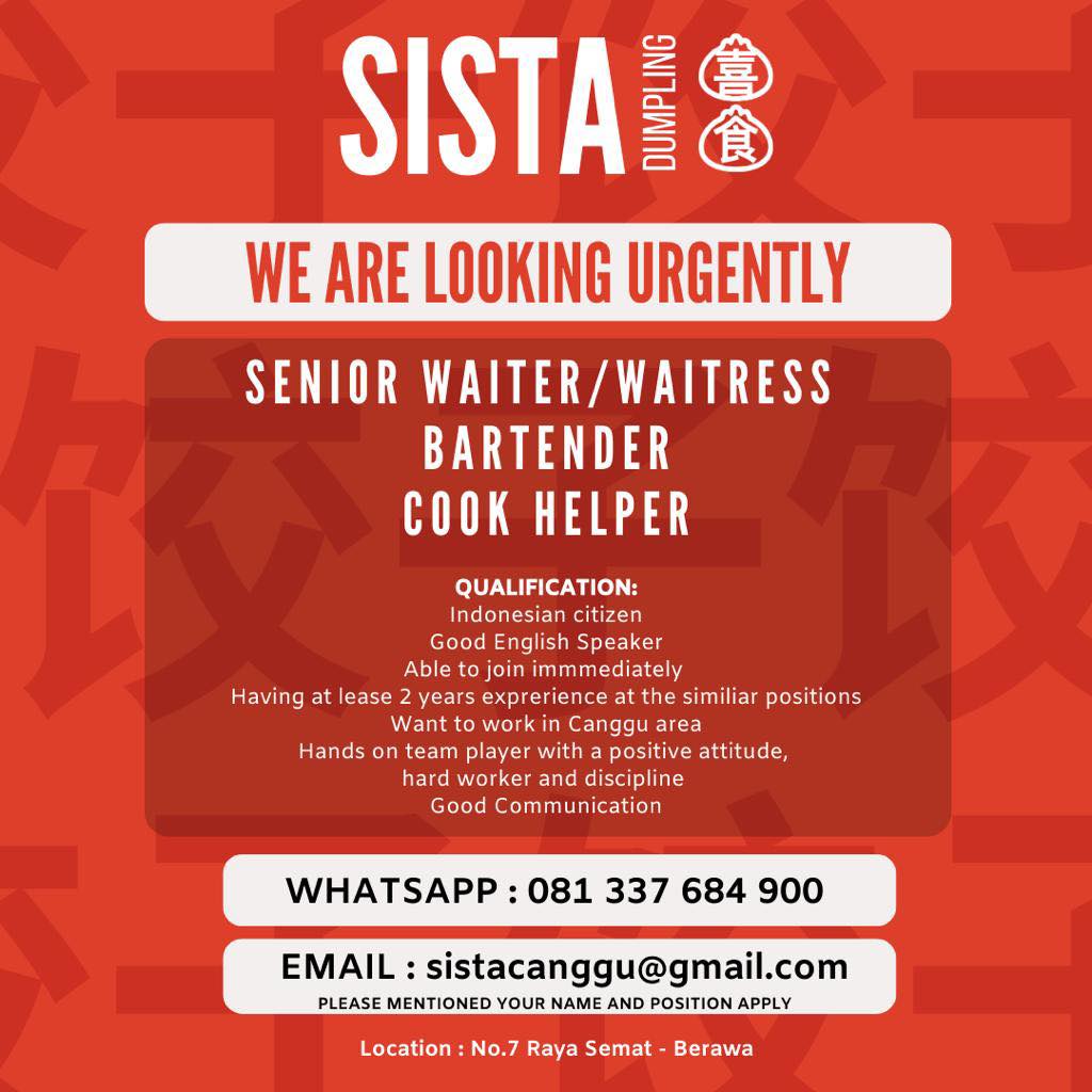 Lowongan Kerja Sebagai Senior Waiter Waitress Bartender Dan Cook