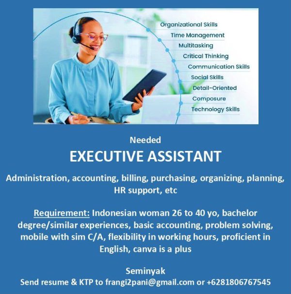 Lowongan Kerja Sebagai Executive Assistant Untuk Penempatan Di Seminyak