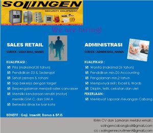 Lowongan Kerja Sebagai Sales Retail, Administrasi untuk Solingen Bali Penempatan di Denpasar