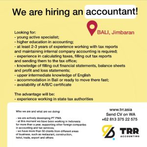 Lowongan Kerja Sebagai Accountant untuk TRR Accounting Penempatan di Jimbaran, Badung