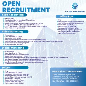 Lowongan Kerja Sebagai Accounting, Sales Marketing, Digital Marketing, Driver, Office Boy untuk CV. Dwi Jaya Mandiri Penempatan di Denpasar