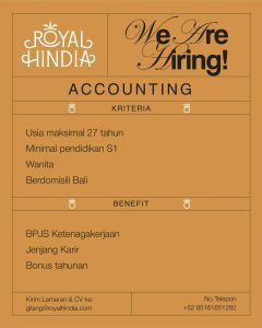 Lowongan Kerja Sebagai Accounting untuk Royal Hindia Penempatan di Denpasar 