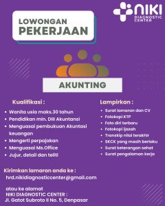 Lowongan Kerja Sebagai Akunting, Analis Kesehatan, Customer Service, Marketing, Perawat & Bidan untuk Niki Diagnostic Center  Penempatan di Denpasar