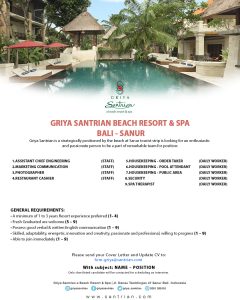 Lowongan Kerja Sebagai Assistant Chief Engineering, Marketing Communication, Photographer, Restaurant Cashier, Dll untuk Griya Santrian Beach Resort & SPA Bali Penempatan di Sanur, Denpasar