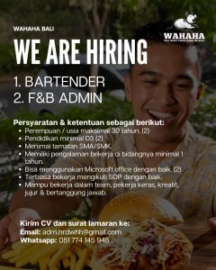 Lowongan Kerja Sebagai Bartender, F&B Admin untuk Wahaha Bali Penempatan di Badung