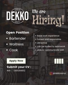 Lowongan Kerja Sebagai Bartender, Waitress, Cook untuk Dekko Sanur Penempatan di Denpasar 