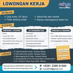 Lowongan Kerja Sebagai Checking/Packing, CS Penerima File Order dan Produksi/Finishing untuk Cahya Copy & Printing Penempatan di Bali