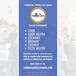 Lowongan Kerja Sebagai Cook, Cook Helper, Steward, Barman, Cashier, Pizza Helper untuk YAMMAYAA Penempatan di Double Six Legian, Badung