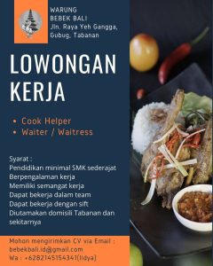 Lowongan Kerja Sebagai Cook Helper, Waiter/Waitress untuk Warung Bebek Bali Penempatan di Tabanan