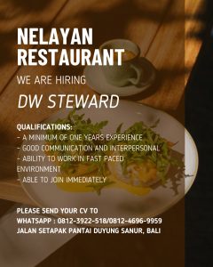 Lowongan Kerja Sebagai Daily Worker Steward untuk Nelayan Restaurant Penempatan di Sanur, Denpasar