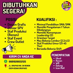 Lowongan Kerja Sebagai Desain Grafis, Junior SPV, Staff Produksi, Staff Event, Crew Outlet untuk Dem Kebab Penempatan di Bali