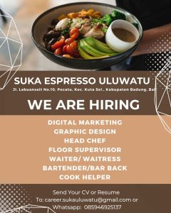 Lowongan Kerja Sebagai Digital Marketing, Graphic Designer, Head Chef, Floor Supervisor, Dll untuk Suka Espresso Uluwatu Penempatan di Badung