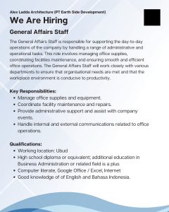 Lowongan Kerja Sebagai General Affairs Staff untuk Alex Ladda Architecture Penempatan di Ubud, Gianyar 