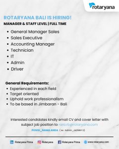 Lowongan Kerja Sebagai General Manager Sales, Sales Executive, Accounting Manager, Technician, IT, Admin, Driver untuk Rotaryana Bali Penempatan di Jimbaran, Badung