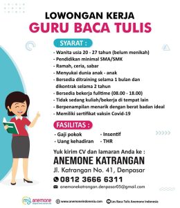 Lowongan Kerja Sebagai Guru Baca Tulis untuk Anemone Katrangan Penempatan di Denpasar