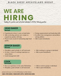 Lowongan Kerja Sebagai Head Baker, Senior Baker, Cook untuk Black Sheep Archipelago Group Penempatan di Badung