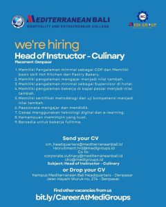 Lowongan Kerja Sebagai Head of Instructor Culinary & English, Staff Akademik & Sertifikasi, Cleaning Service, DW Pramubakti untuk Meditteranean Bali  Penempatan di Denpasar
