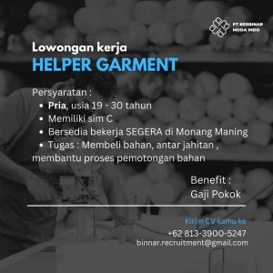 Lowongan Kerja Sebagai Helper Garment untuk PT Berbinar Moda Indo Penempatan di Monang Maning, Denpasar