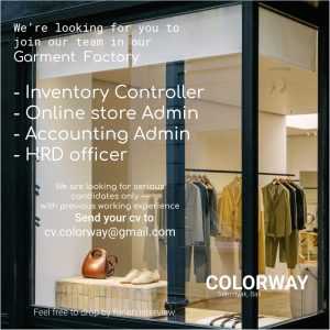 Lowongan Kerja Sebagai Inventory Controller, Online Store Admin, Accounting Admin, HRD Officer untuk CV Colorway Penempatan di Seminyak, Badung