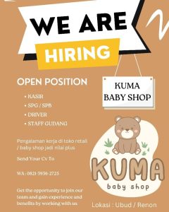 Lowongan Kerja Sebagai Kasir, SPG/SPB, Driver, Staff Gudang untuk Kuma Baby Shop Penempatan di Bali