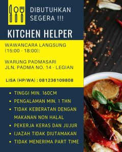 Lowongan Kerja Sebagai Kitchen Helper untuk Warung Padmasari Penempatan di Legian, Badung