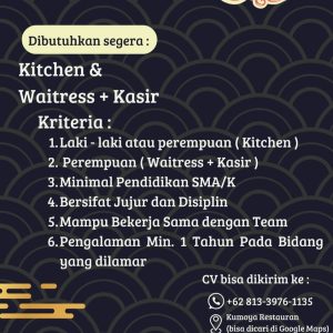 Lowongan Kerja Sebagai Kitchen, Waitress, Kasir untuk Kumoya Restaurant Penempatan di Legian, Badung 