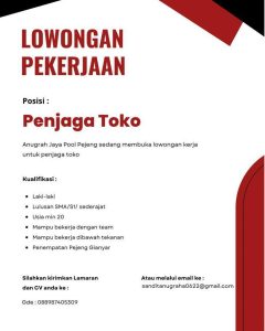 Lowongan Kerja Sebagai Penjaga Toko untuk Anugrah Jaya Pool Penempatan di Pejeng, Gianyar 