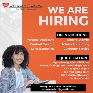 Lowongan Kerja Sebagai Personal Assistant, Content Creator, Sales Executive, General Admin, Dll untuk Wirasana Rent a Car Penempatan di Sanur, Denpasar