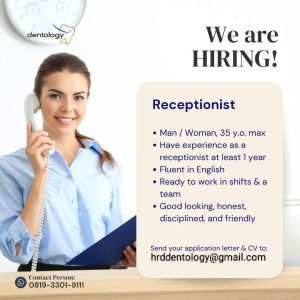 Lowongan Kerja Sebagai Receptionist untuk Dentology Dental Clinic Penempatan di Denpasar