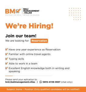 Lowongan Kerja Sebagai Reservation, Assistant Chief Accounting, Sipil Engineering Koordinator untuk Bali Management Villas Penempatan di Kerobokan, Badung 