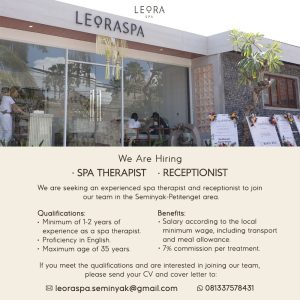 Lowongan Kerja Sebagai SPA Therapist, Receptionist untuk Leora SPA Penempatan di Seminyak, Badung