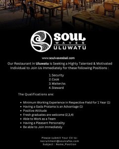 Lowongan Kerja Sebagai Security, Cook, Waiter/ss, Steward untuk Soul Waves Uluwatu Penempatan di Badung