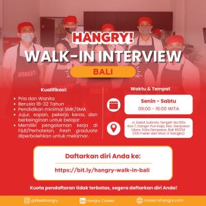 Lowongan Kerja Sebagai Shift Leader/Outlet Staff untuk Hangry Penempatan di Denpasar