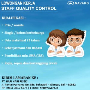 Lowongan Kerja Sebagai Staff Quality Control, Admin Filter untuk PT Hari Hari Rejeki Penempatan di Bali