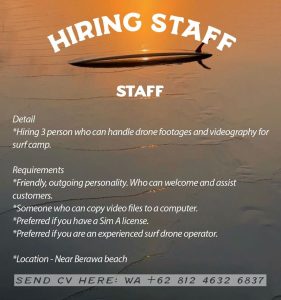 Lowongan Kerja Sebagai Staff, Shopkeeper, Driver, Production Manager, Surf Camp Manager untuk Penempatan di Badung