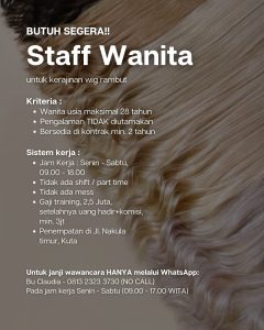 Lowongan Kerja Sebagai Staff Wanita untuk Kerajinan Wig Rambut Penempatan di Kuta, Badung 