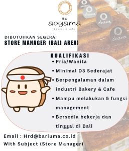 Lowongan Kerja Sebagai Store Manager untuk Aoyama Bakery & Cafe Penempatan di Berawa, Badung