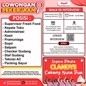 Lowongan Kerja Sebagai Supervisor Fresh Food, Kepala Toko, Administrasi, Kasir, Pramuniaga, Sopir, Dll untuk Clandy’s Penempatan di Badung