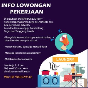 Lowongan Kerja Sebagai Supervisor Laundry, Team Setrika untuk Washwish Laundry Penempatan di Canggu, Badung