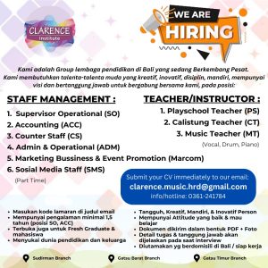 Lowongan Kerja Sebagai Supervisor Operational, Accounting, Counter Staff, Admin & Operational, Dll untuk Clarence Institute Penempatan di Denpasar