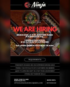 Lowongan Kerja Sebagai Sushi Maker, Waiter / Waitress untuk Ninja Sushi Bar Penempatan di Ungasan, Badung