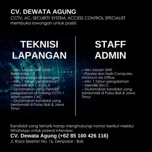 Lowongan Kerja Sebagai Teknisi Lapangan, Staff Admin untuk CV. Dewata Agung Penempatan di Denpasar