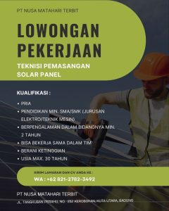 Lowongan Kerja Sebagai Teknisi Pemasangan Solar Panel untuk PT.Nusa Matahari Terbit Penempatan di Kerobokan, Badung