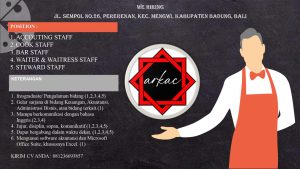 Lowongan Kerja Sebagai Accounting Staff, Cook, Bar, Waiter & Waitress, Steward untuk Arkac Restaurant Penempatan di Mengwi, Badung