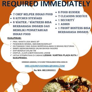 Lowongan Kerja Sebagai Chef Helper, Steward, Waiter / Waitress, Runner, Cleaning Service, Security, Admin dan Hostess untuk PT. Leisure Fusion Bali Penempatan di Bali