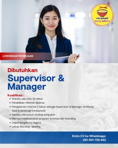 Lowongan Kerja Sebagai Supervisor & Manager untuk Mie Pangsit Vonny Jakarta Penempatan di Denpasar