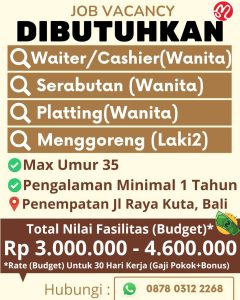 Lowongan Kerja Sebagai Waiter/Cashier, Serabutan, Platting, Menggoreng  untuk Rumah Makan Penempatan di Kuta, Badung