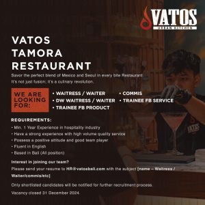 Lowongan Kerja Sebagai Waitress/Waiter, Commis, Daily Worker Waitress / Waiter, Trainee FB Product & FB Service untuk VATOS Urban Kitchen Penempatan di Tibubeneng, Badung