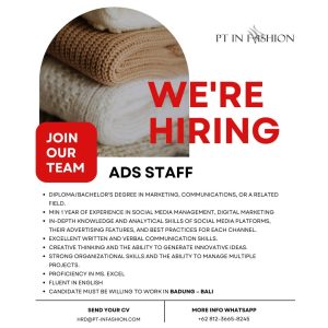 Lowongan Kerja Sebagai ADS Staff, Graphic Designer, PPIC Staff, Accounting, Production SPV untuk PT. In Fashion Penempatan di Badung